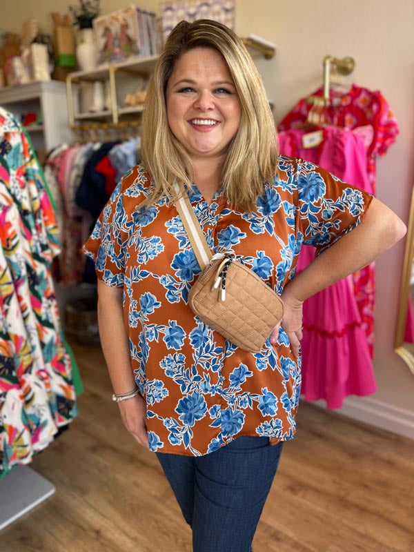 Rust Roses Plus Size Copper Blue Floral Top