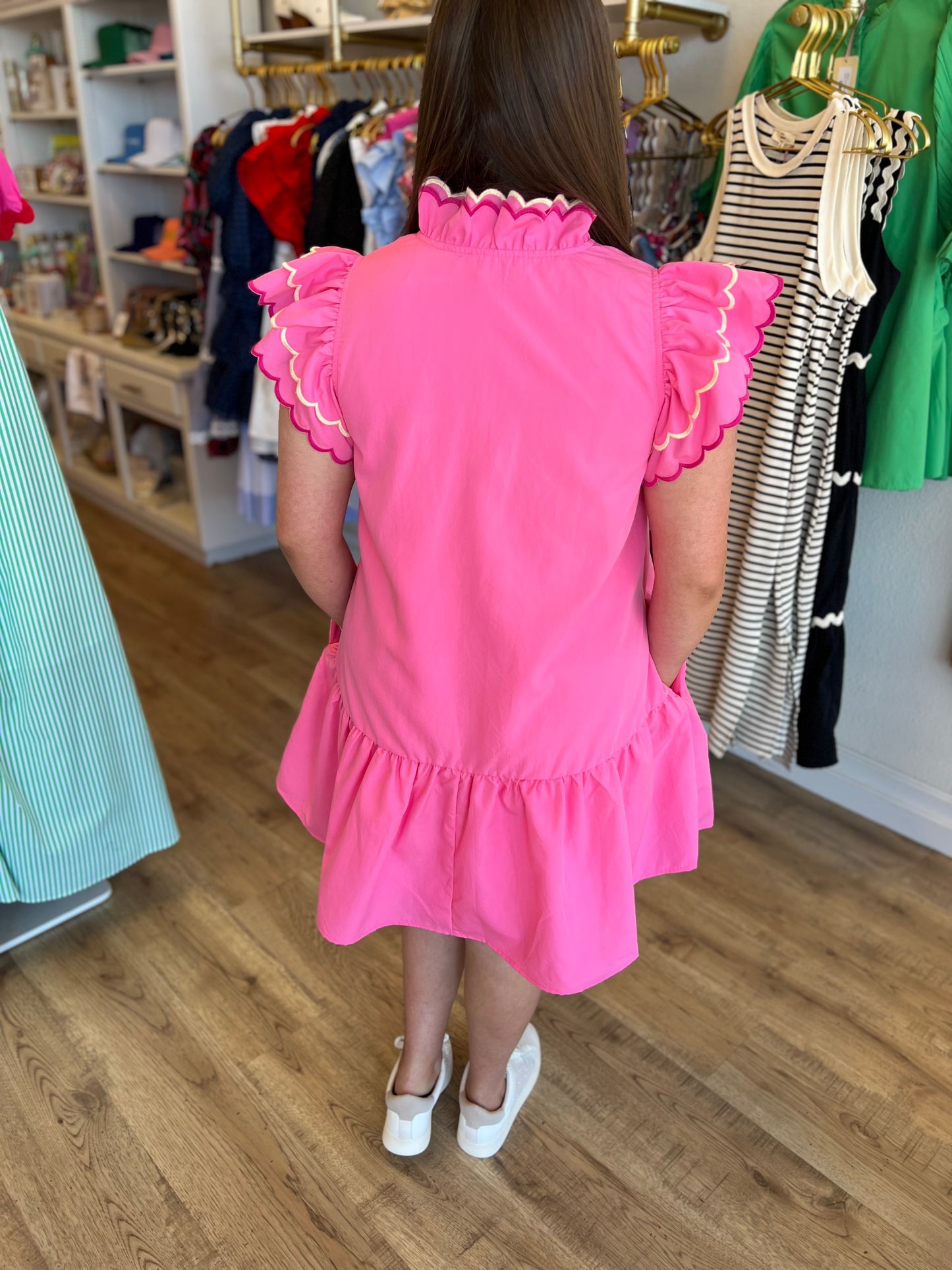 "Pink Perfection" Scalloped Neck Flutter Sleeve Dress