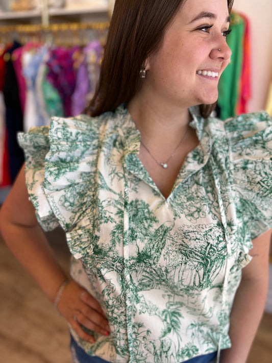 “A Moment in Time” Green Toile Flutter Sleeve Top