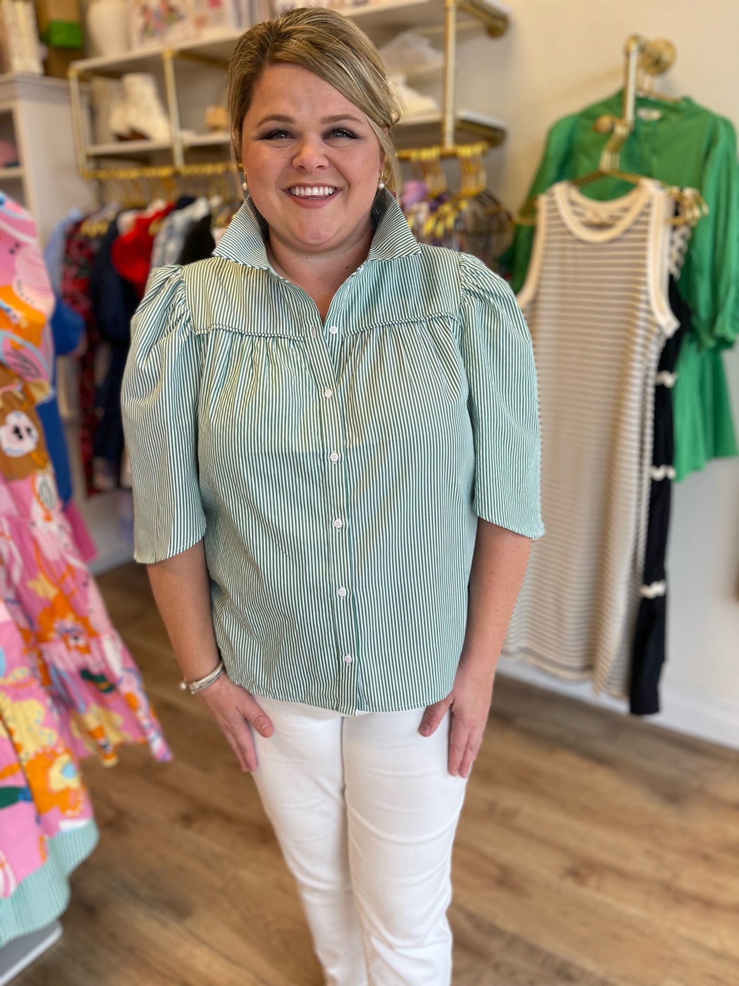 "Serene in Green" Green Striped Collared Top