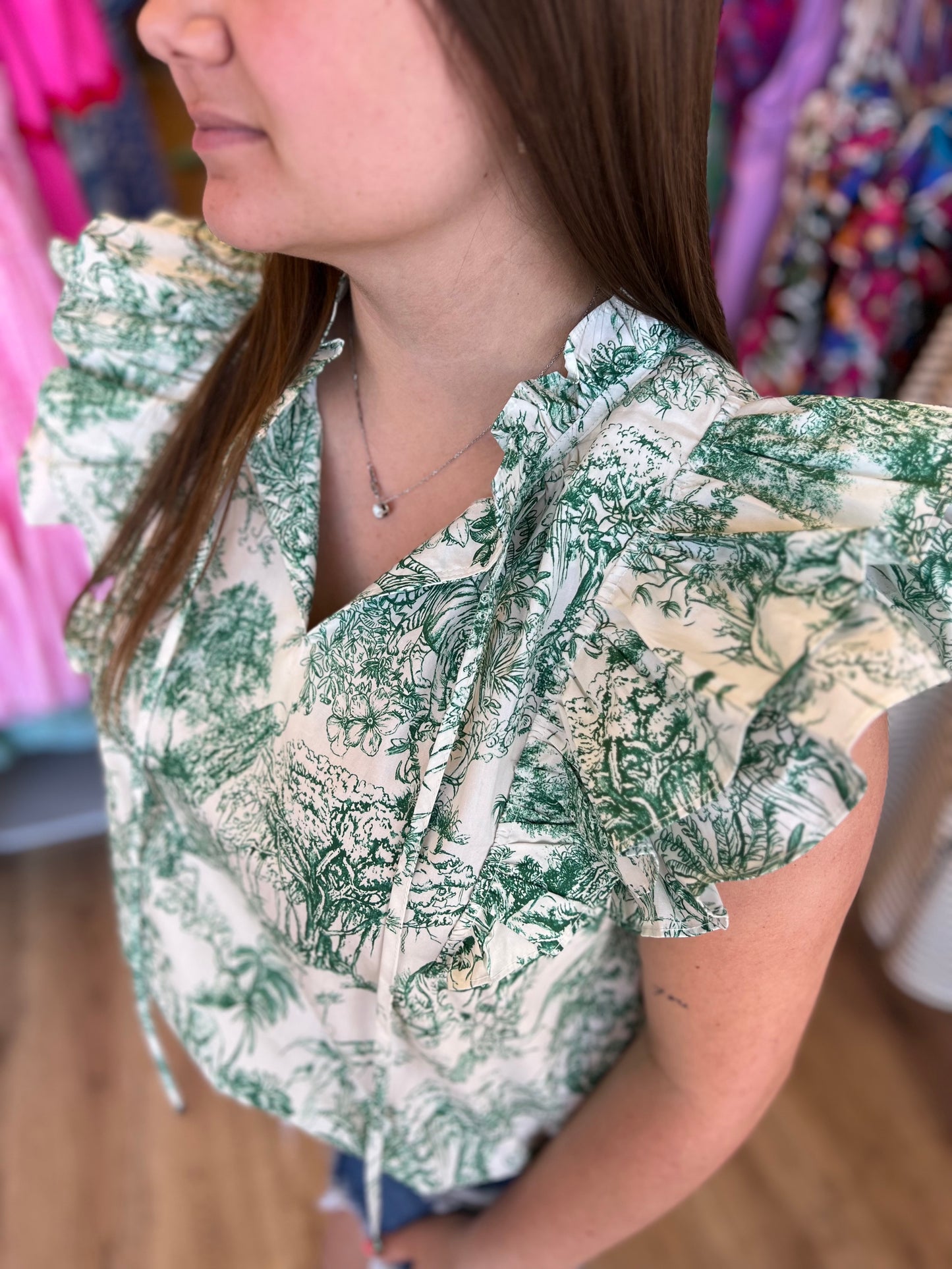 “A Moment in Time” Green Toile Flutter Sleeve Top