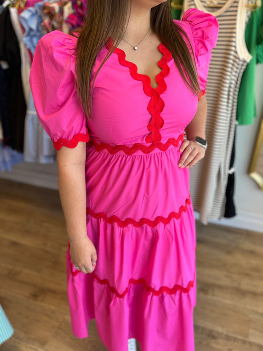 "Star of the Show" Red and Pink Ric Rac Midi Dress