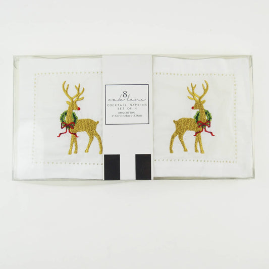 4 Piece Set Reindeer Embroidered Cocktail Napkins