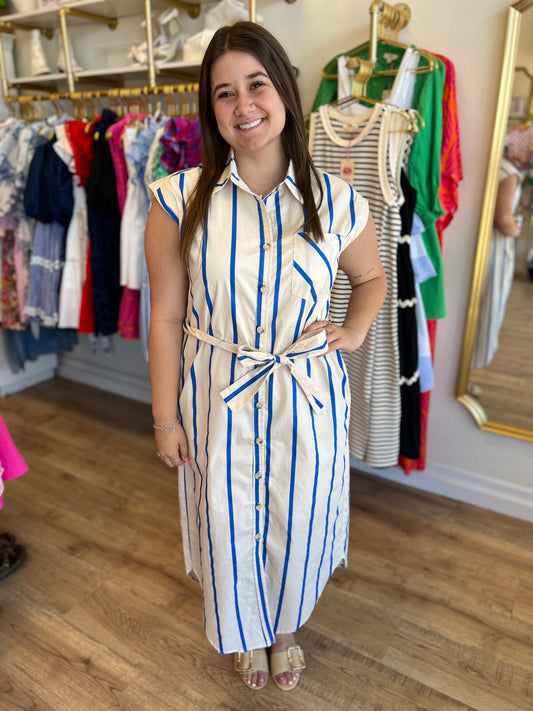 “Anchors Away” Natural Blue Stripe Belted Midi Dress