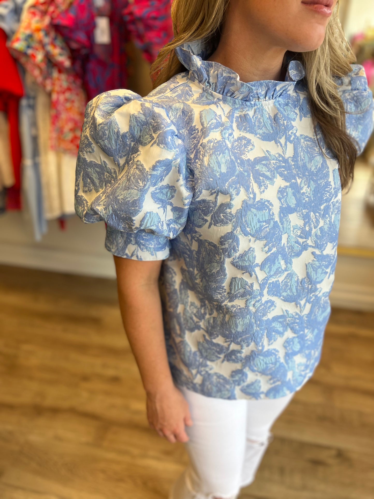 "Blissfully Blue" Jacquard Puff Sleeve Blouse