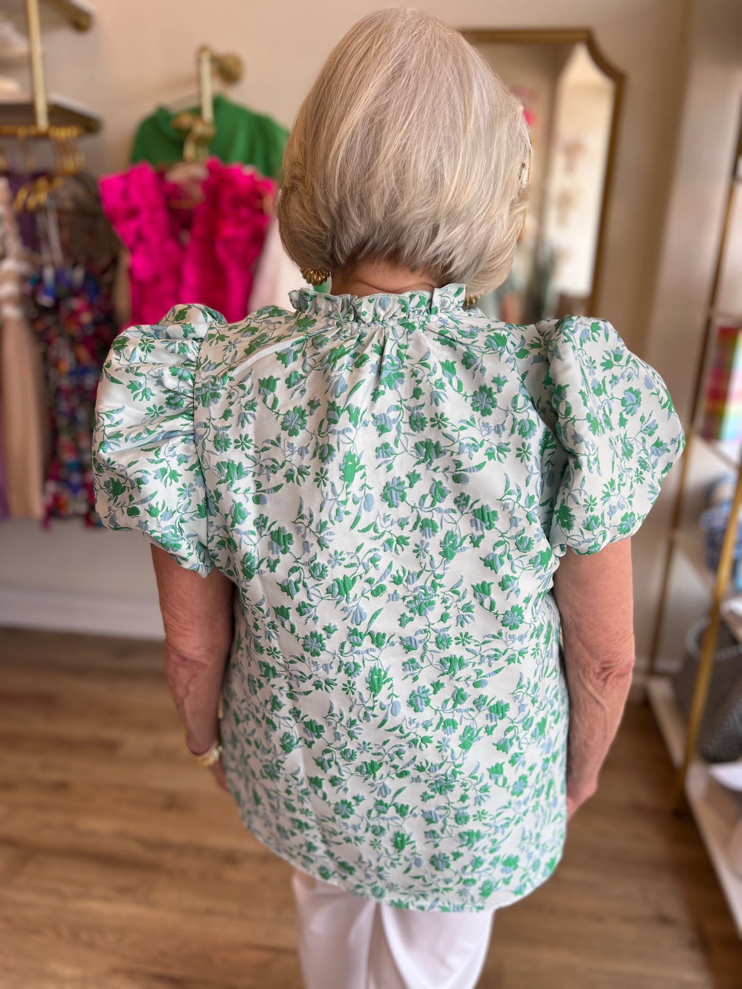 "Where the Wildflowers Grow" Floral Jacquard Puff Sleeve Blouse