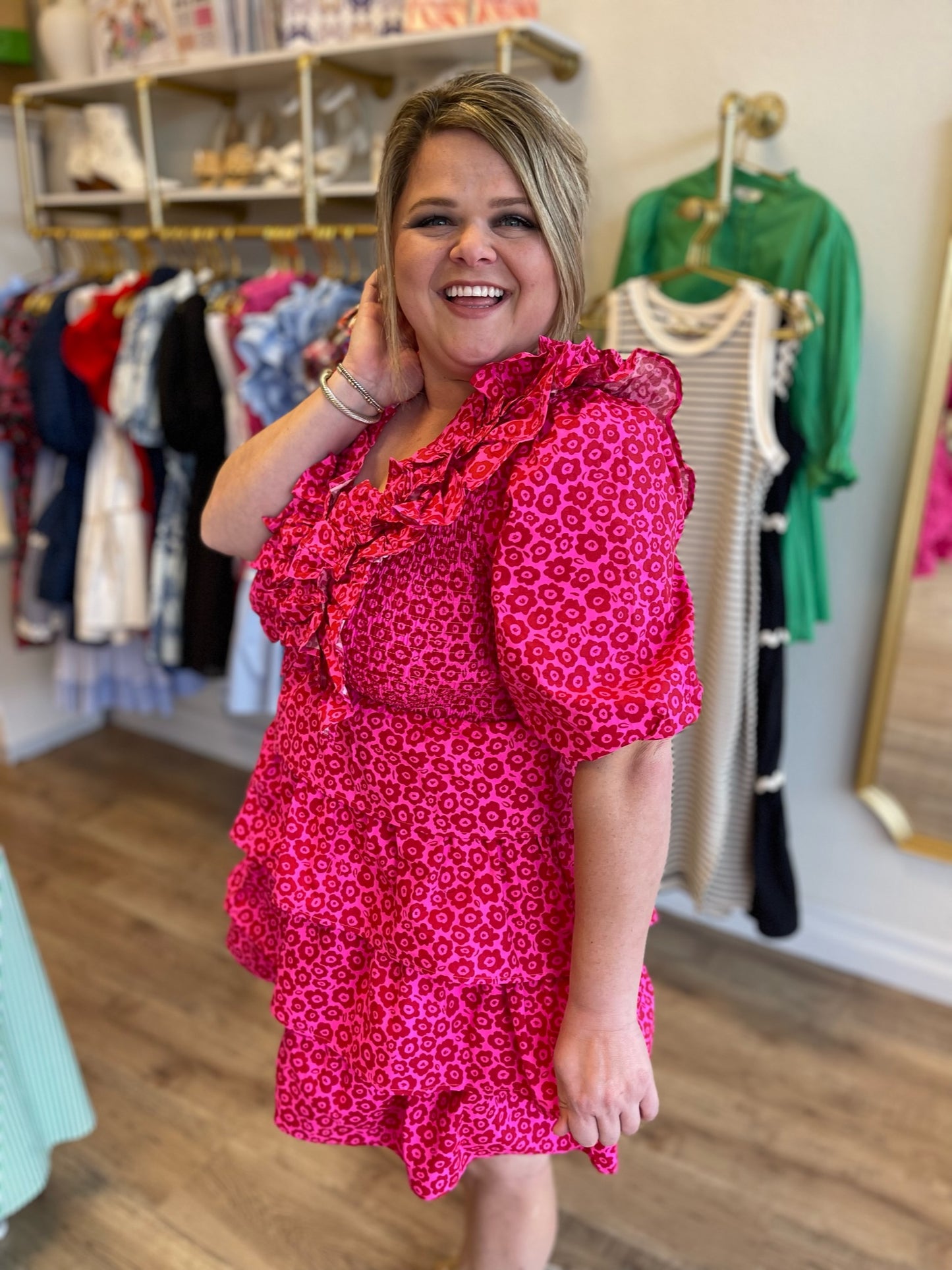 "Dainty Daffodils" Red & Pink Smocked Ruffle Dress