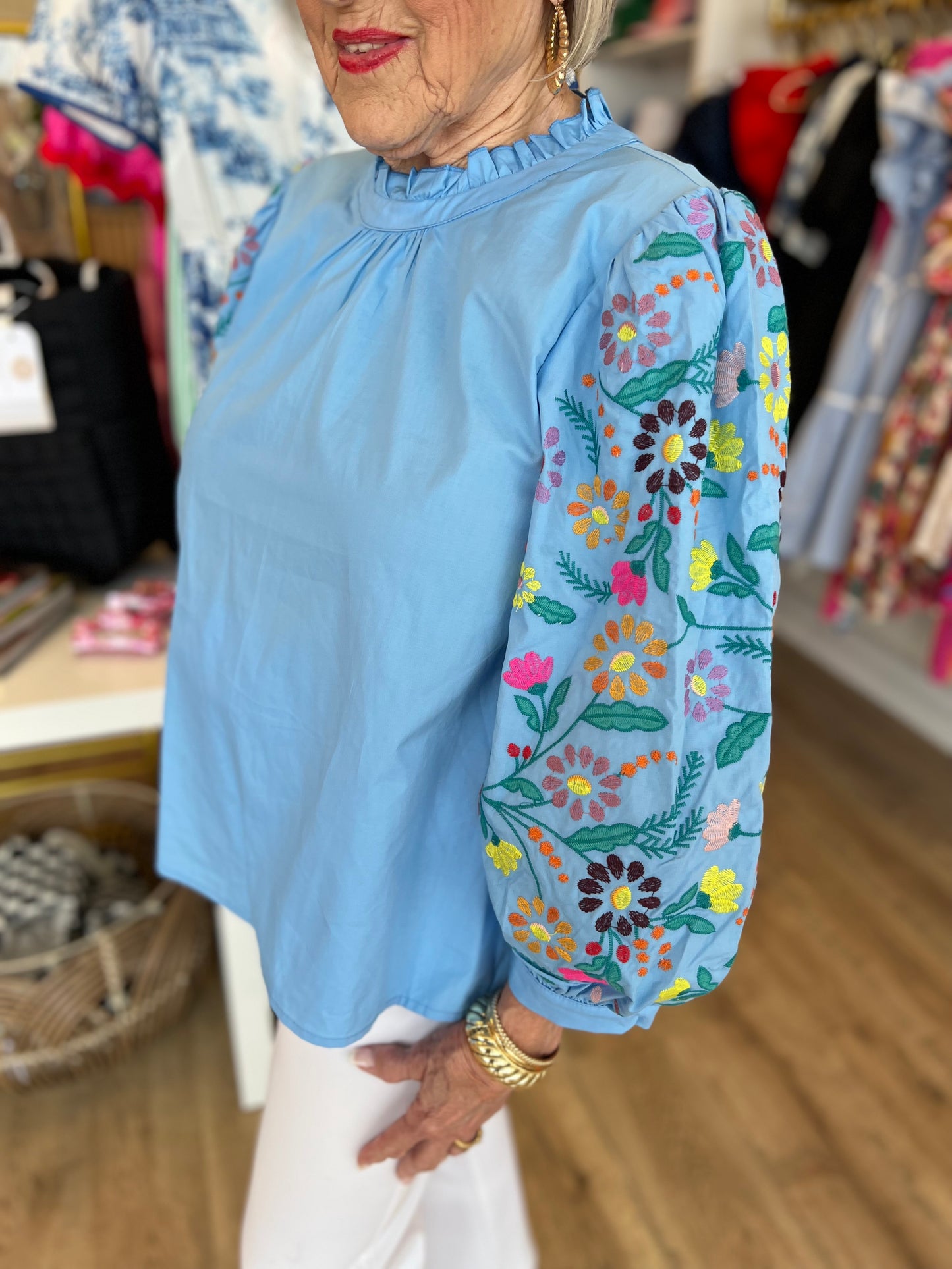 "Enchanting Embroidery" Powder Blue 3/4 Sleeve Blouse