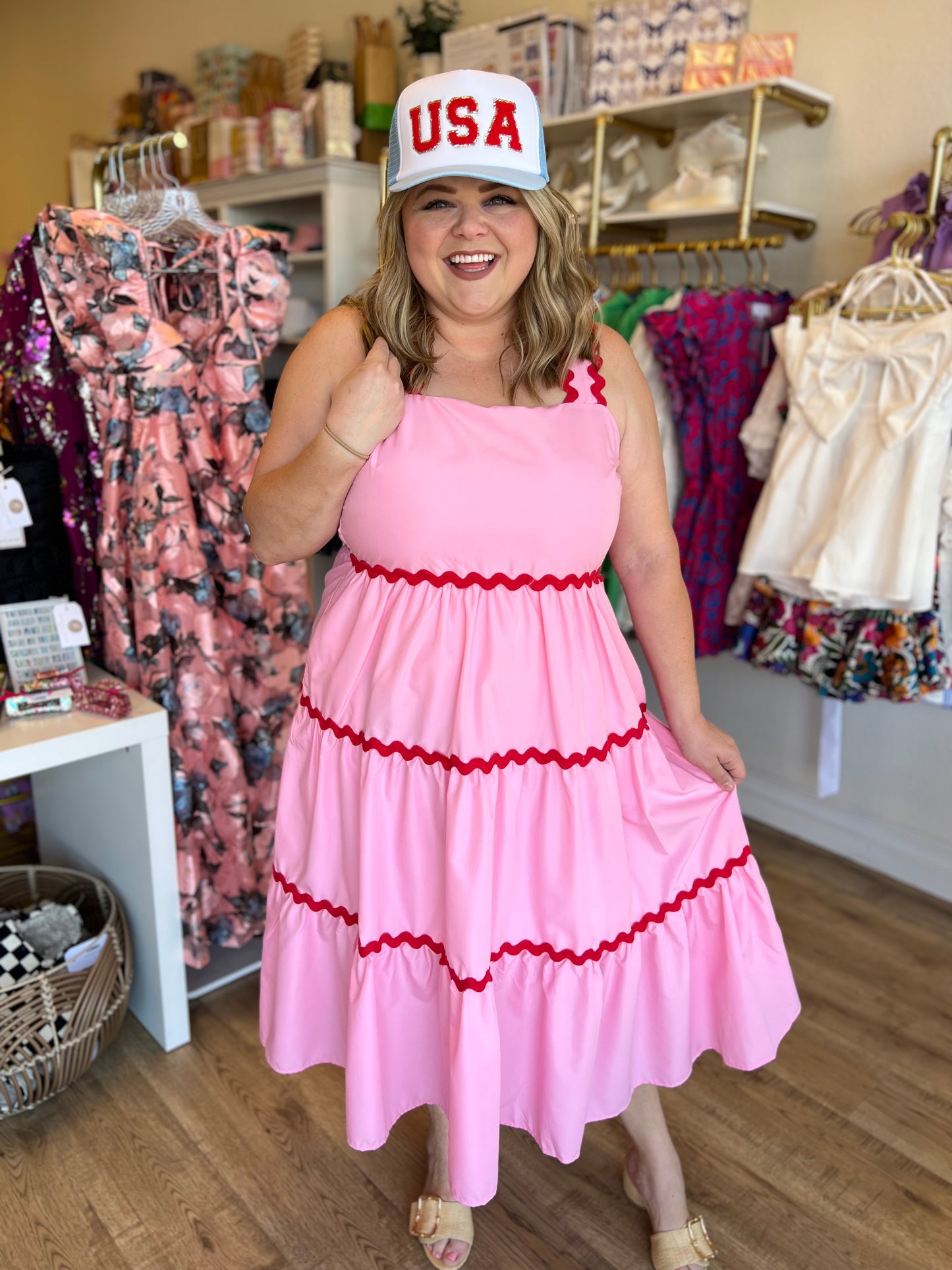 "Cherry On Top" Curvy Pink & Red Ric Rac Midi Dress