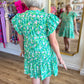 "Where Flowers Bloom" Floral Green Bubble Sleeve Dress