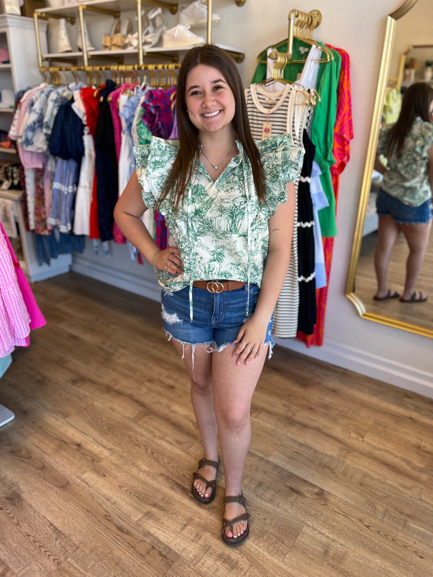 “A Moment in Time” Green Toile Flutter Sleeve Top