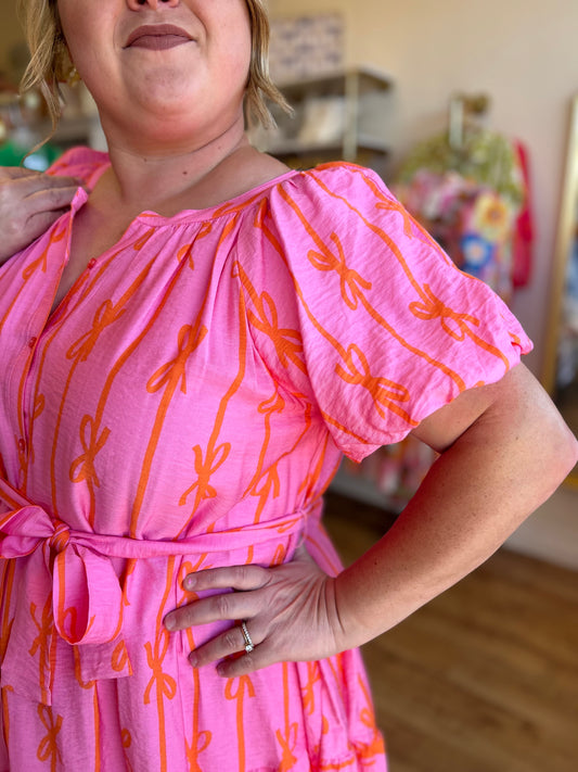 “Bow-tiful Babe” Pink and Orange Plus Size Belted Bow Dress