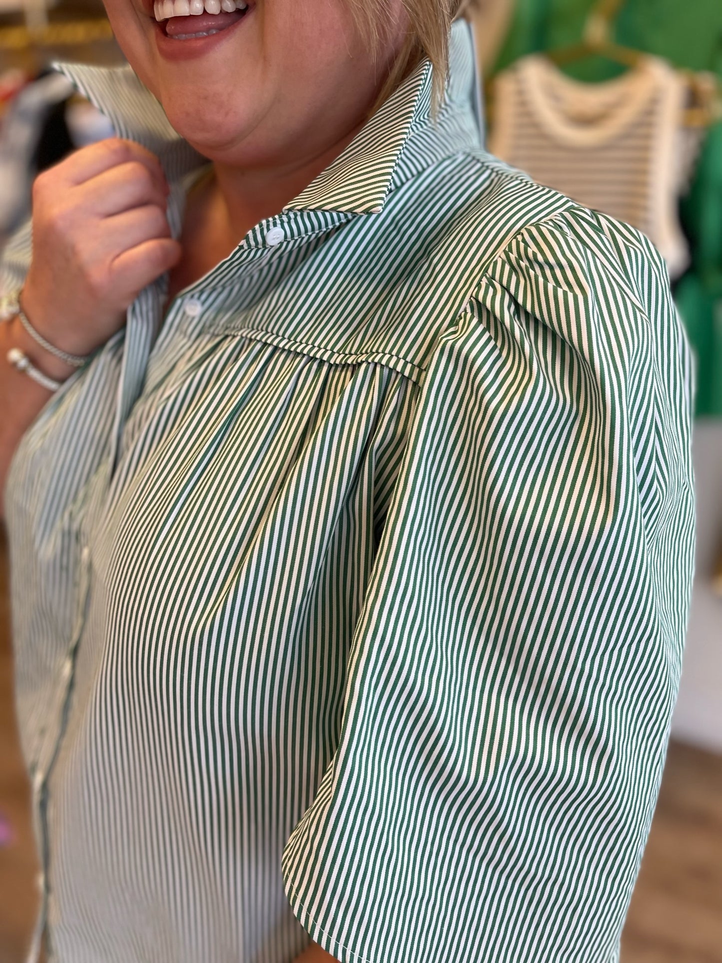 "Serene in Green" Green Striped Collared Top