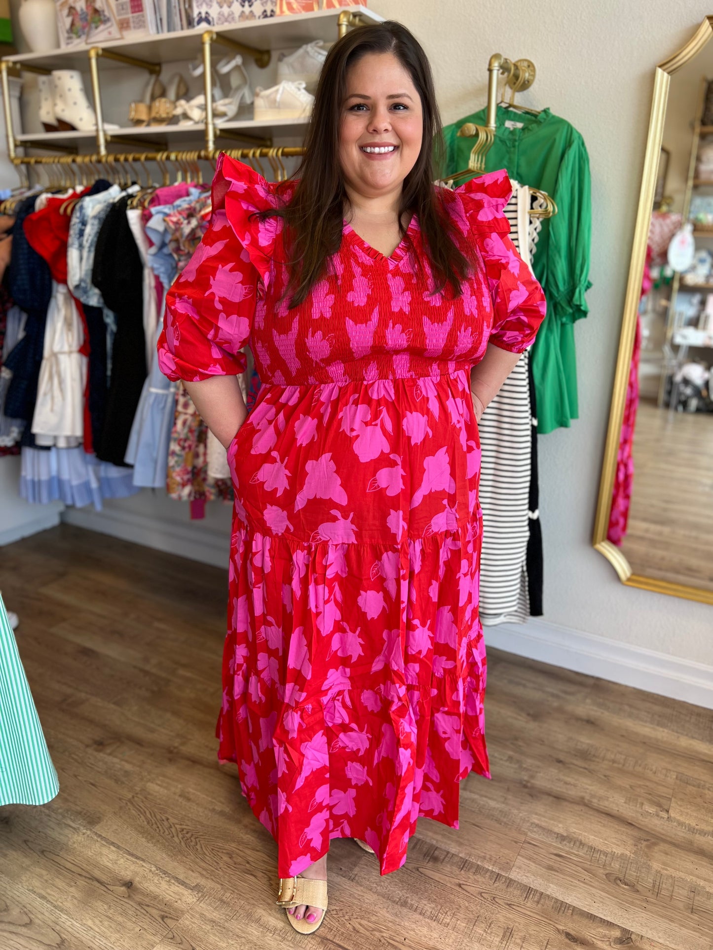 "Raspberry Bliss" Curvy Red Smocked Poplin Maxi Dress