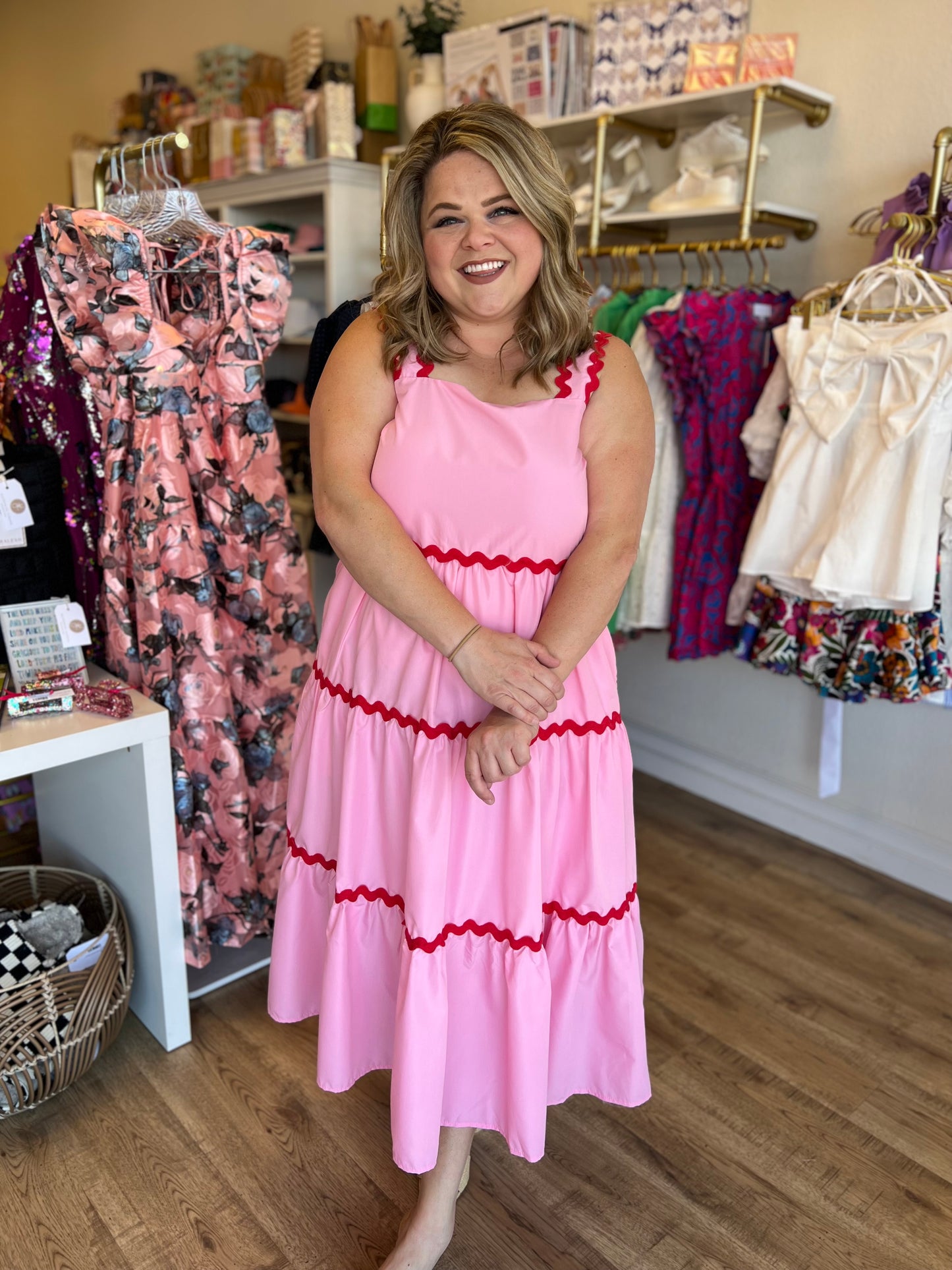 "Cherry On Top" Curvy Pink & Red Ric Rac Midi Dress