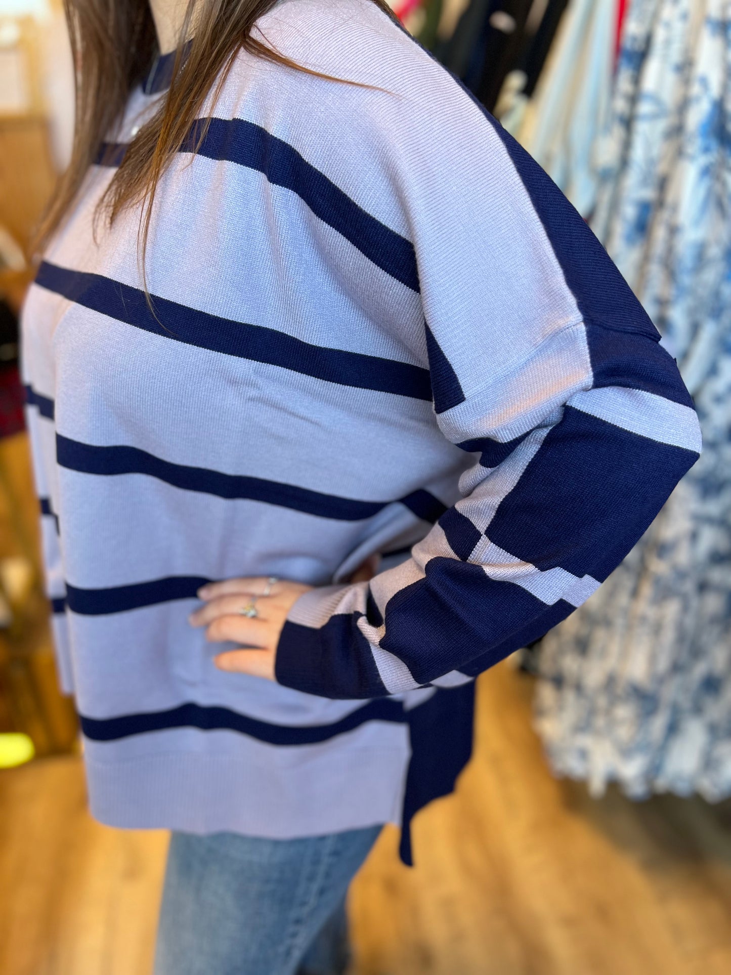 “Snuggle Me” Periwinkle Two-Tone Stripe Sweater