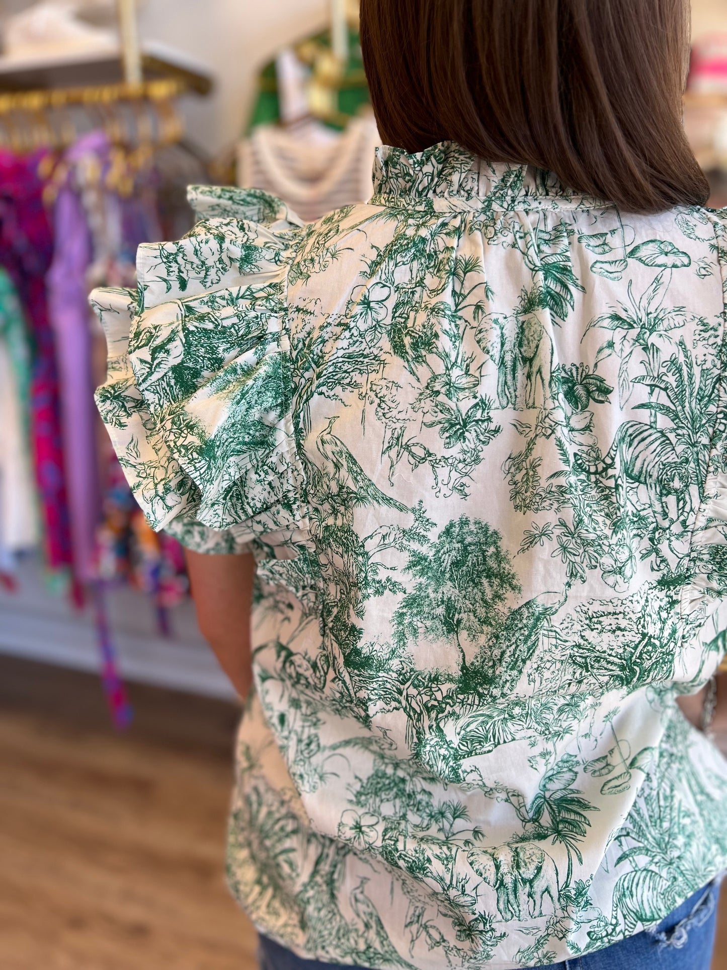 “A Moment in Time” Green Toile Flutter Sleeve Top