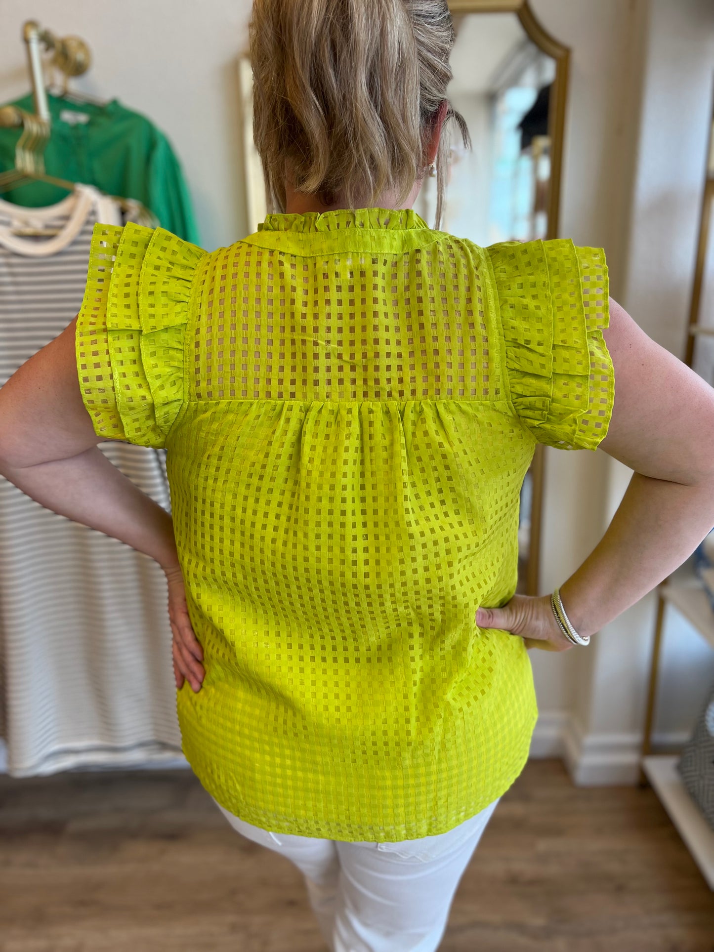 "On the Rocks" Lime Organza Flutter Sleeve Blouse