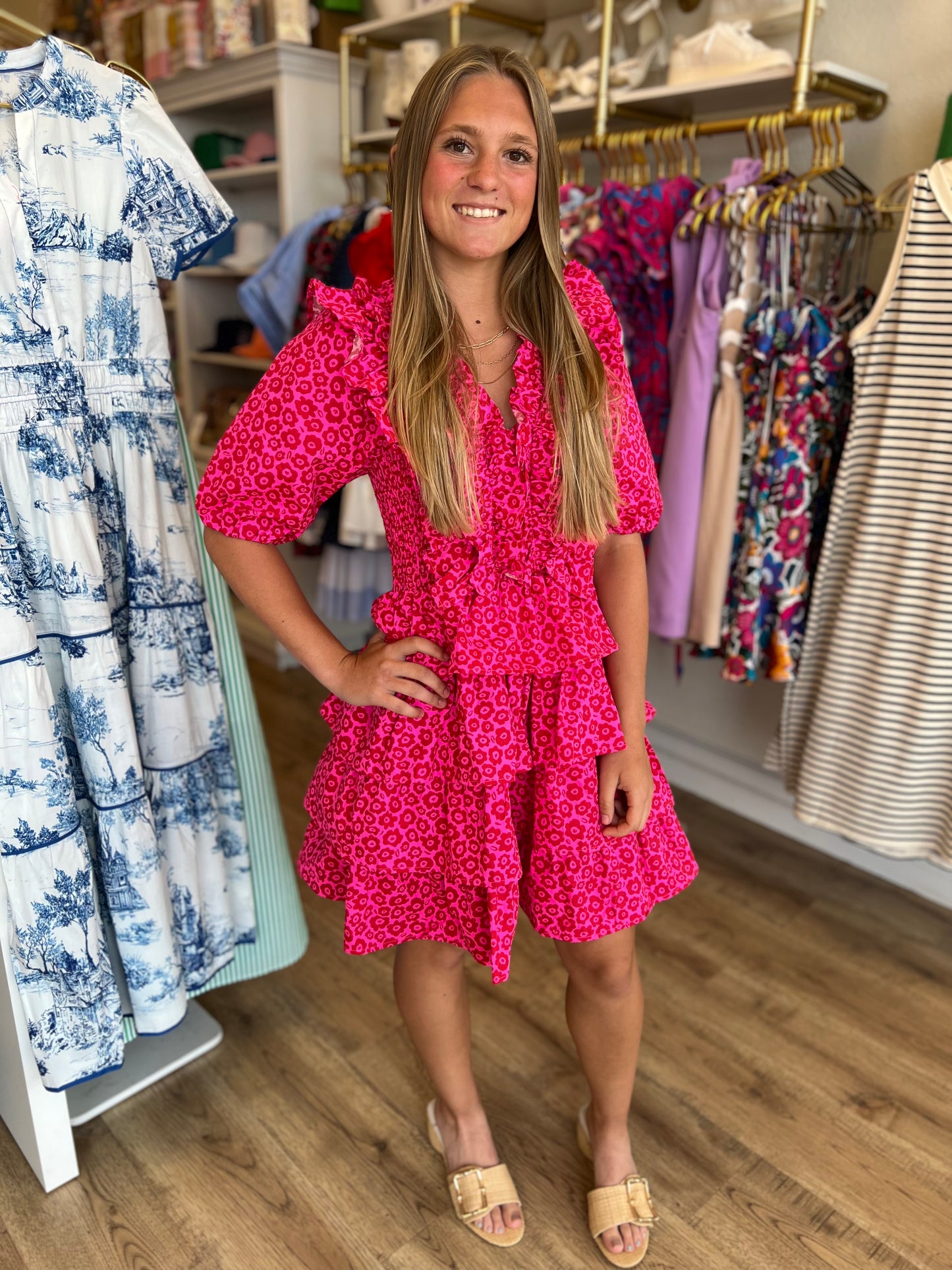 "Dainty Daffodils" Red & Pink Smocked Ruffle Dress