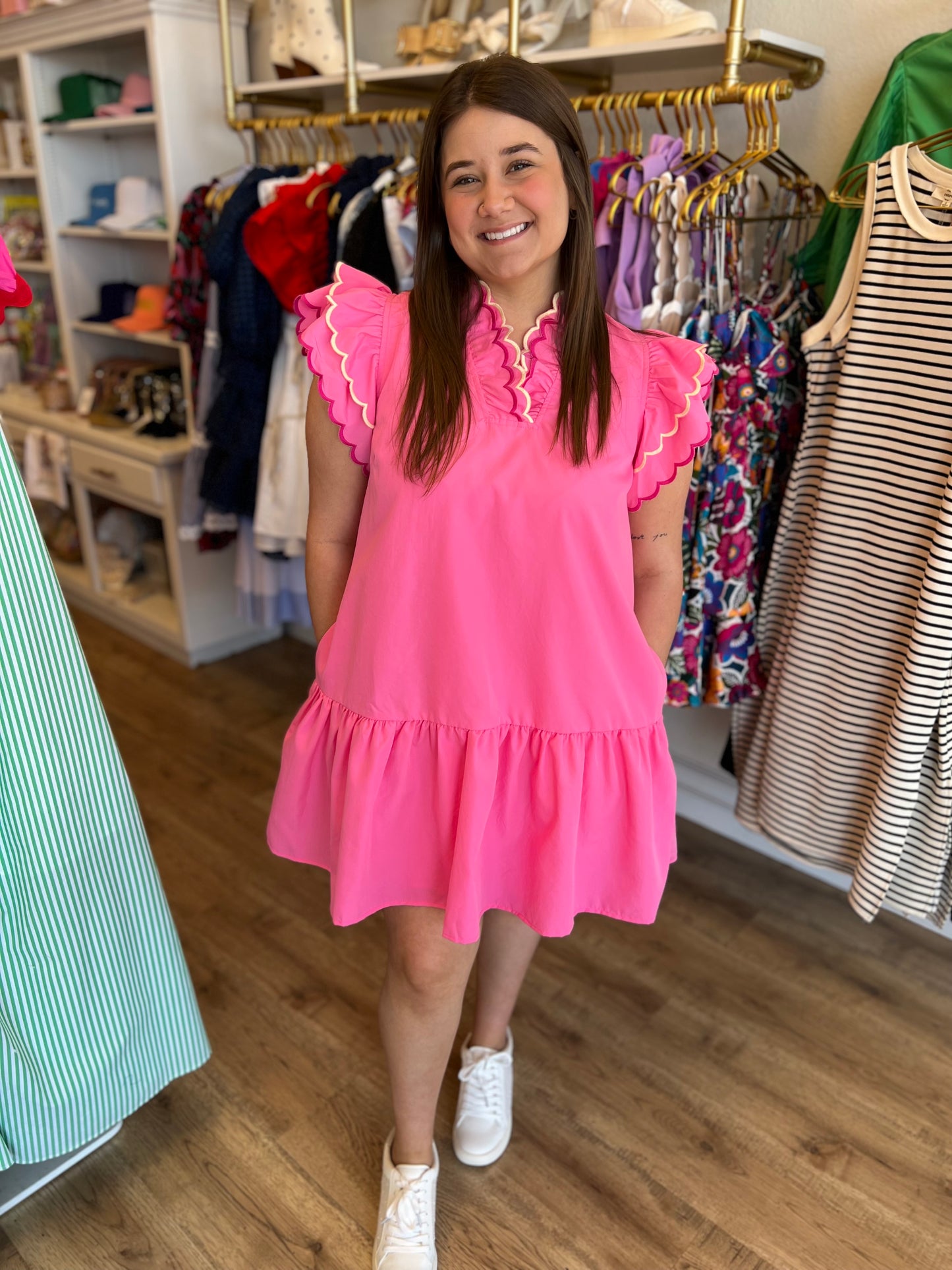 "Pink Perfection" Scalloped Neck Flutter Sleeve Dress