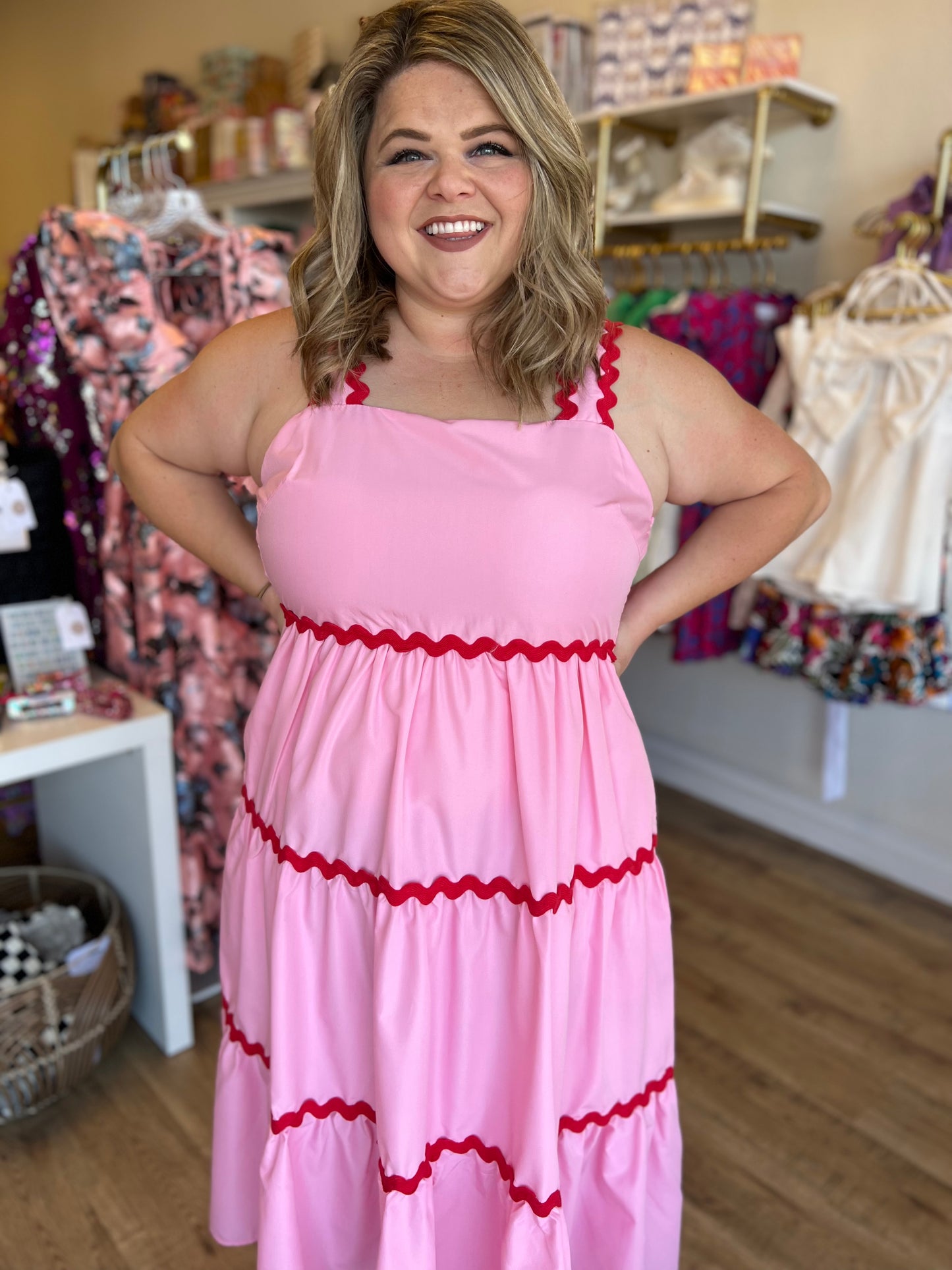 "Cherry On Top" Curvy Pink & Red Ric Rac Midi Dress