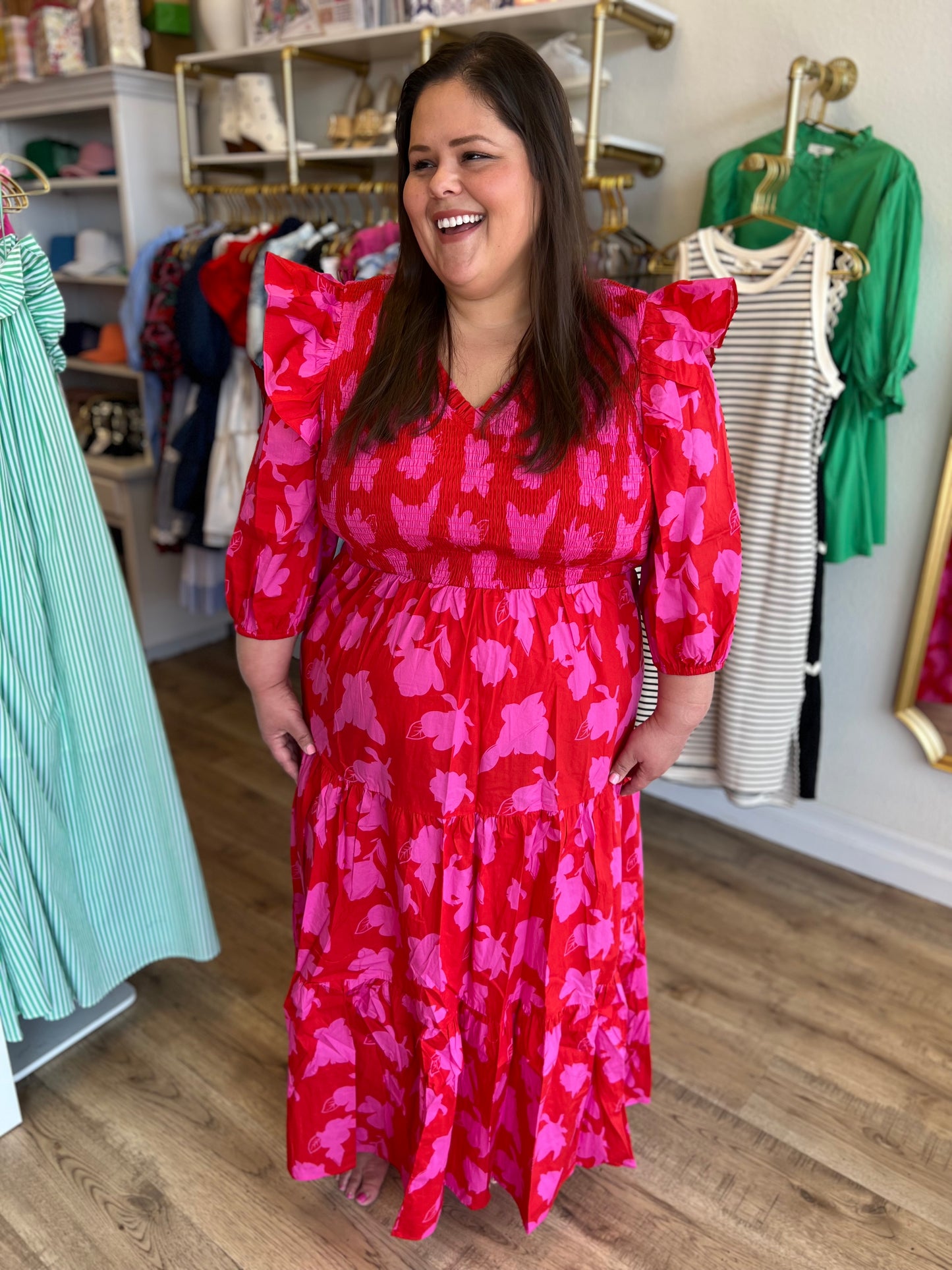 "Raspberry Bliss" Curvy Red Smocked Poplin Maxi Dress