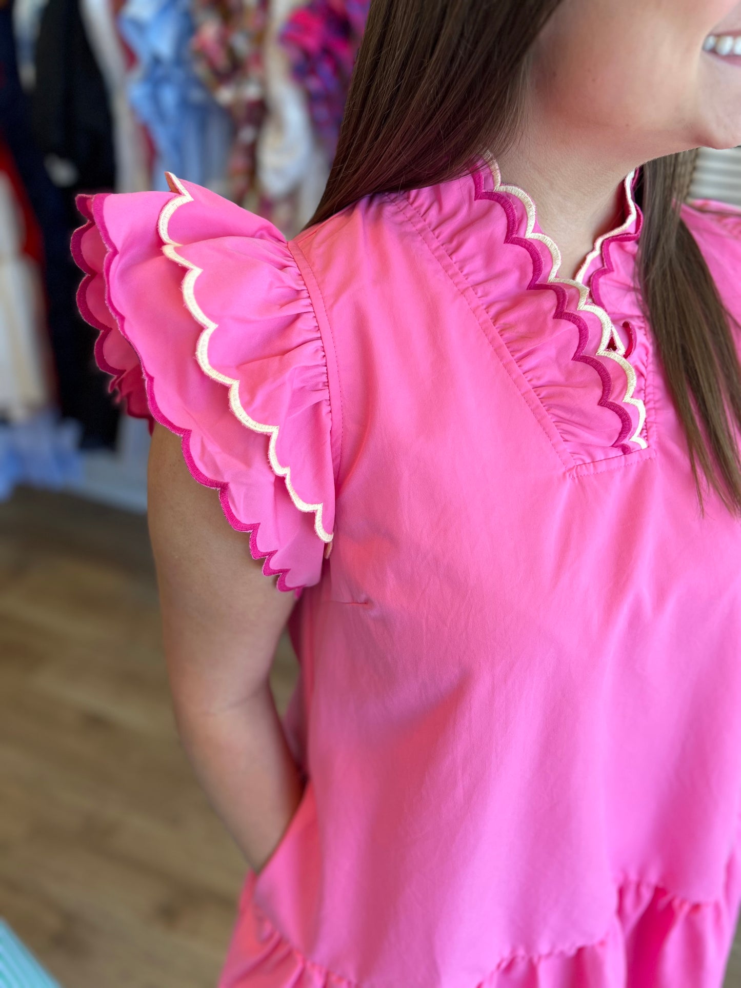 "Pink Perfection" Scalloped Neck Flutter Sleeve Dress