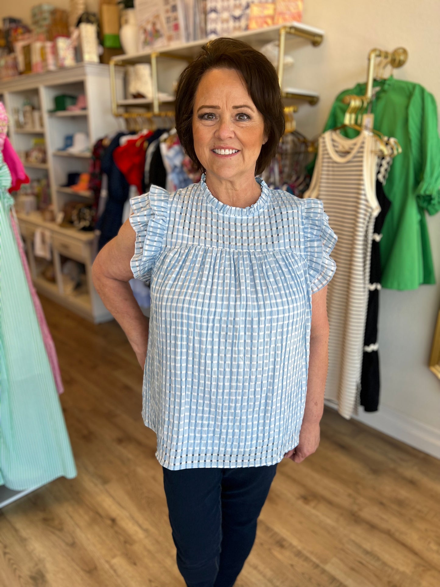 "Somewhere Beyond the Sea" Plus-Size Light Blue Seersucker Top