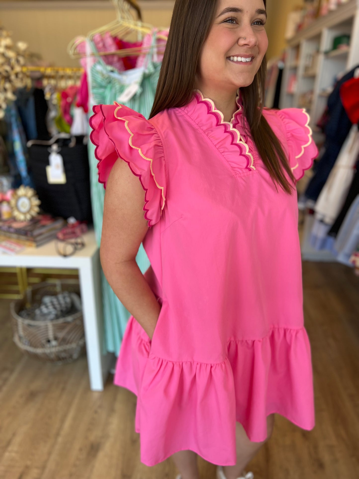 "Pink Perfection" Scalloped Neck Flutter Sleeve Dress