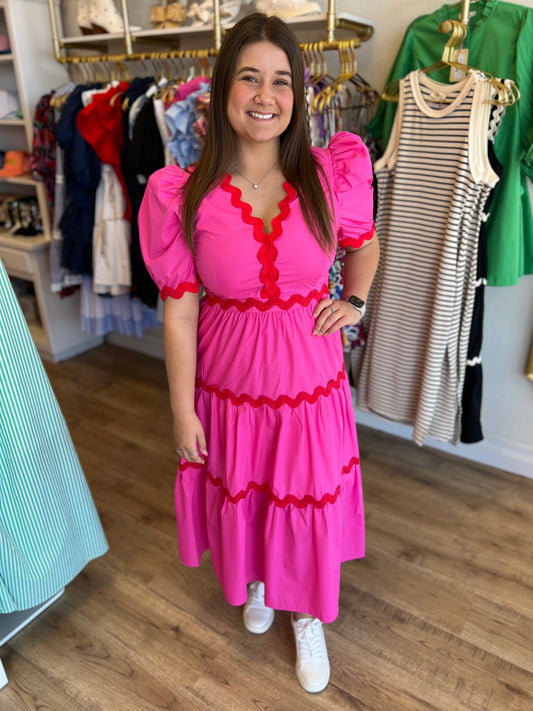 "Star of the Show" Red and Pink Ric Rac Midi Dress