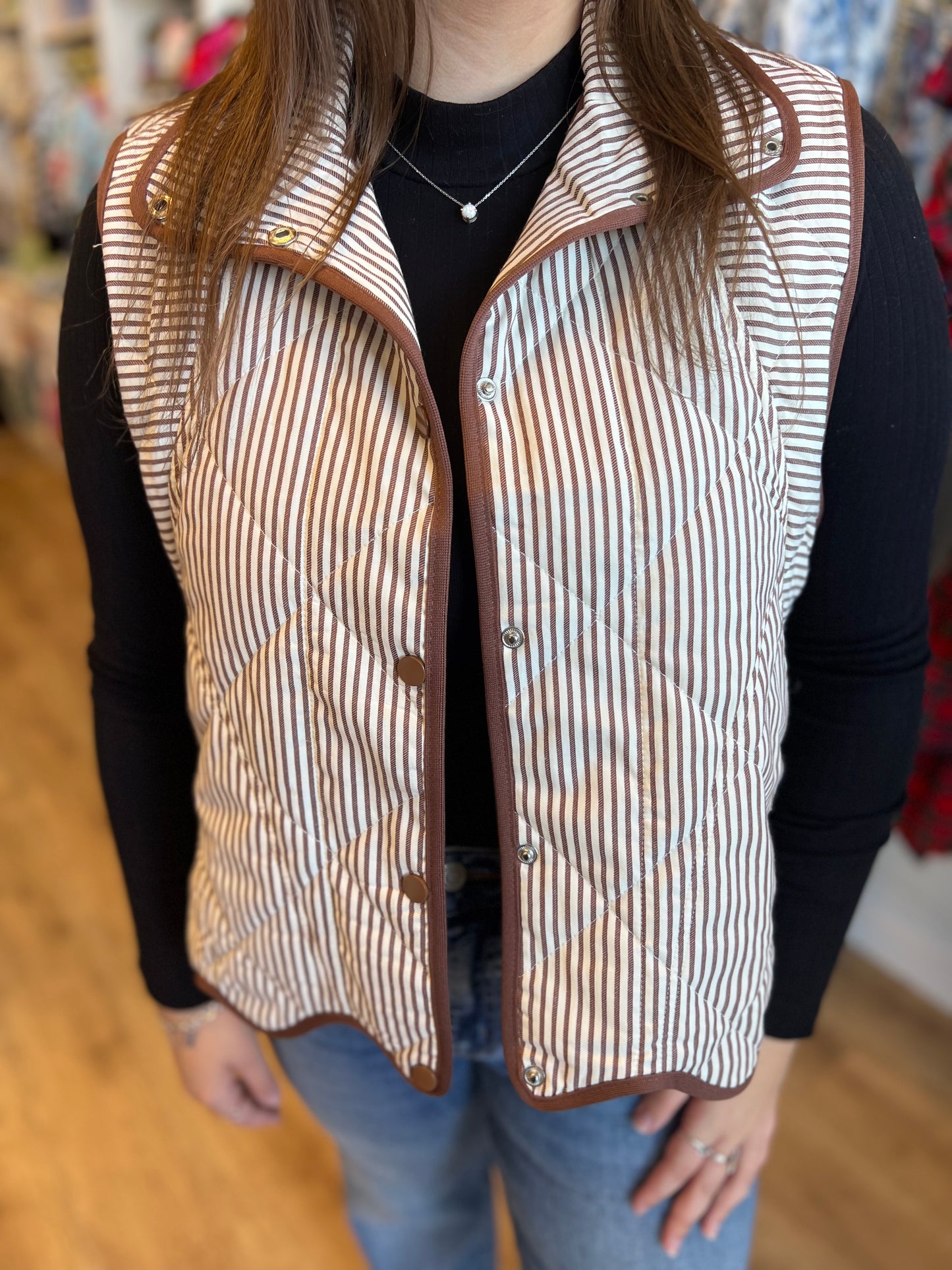 “Snow Bunny” Brown Stripe Scallop Vest