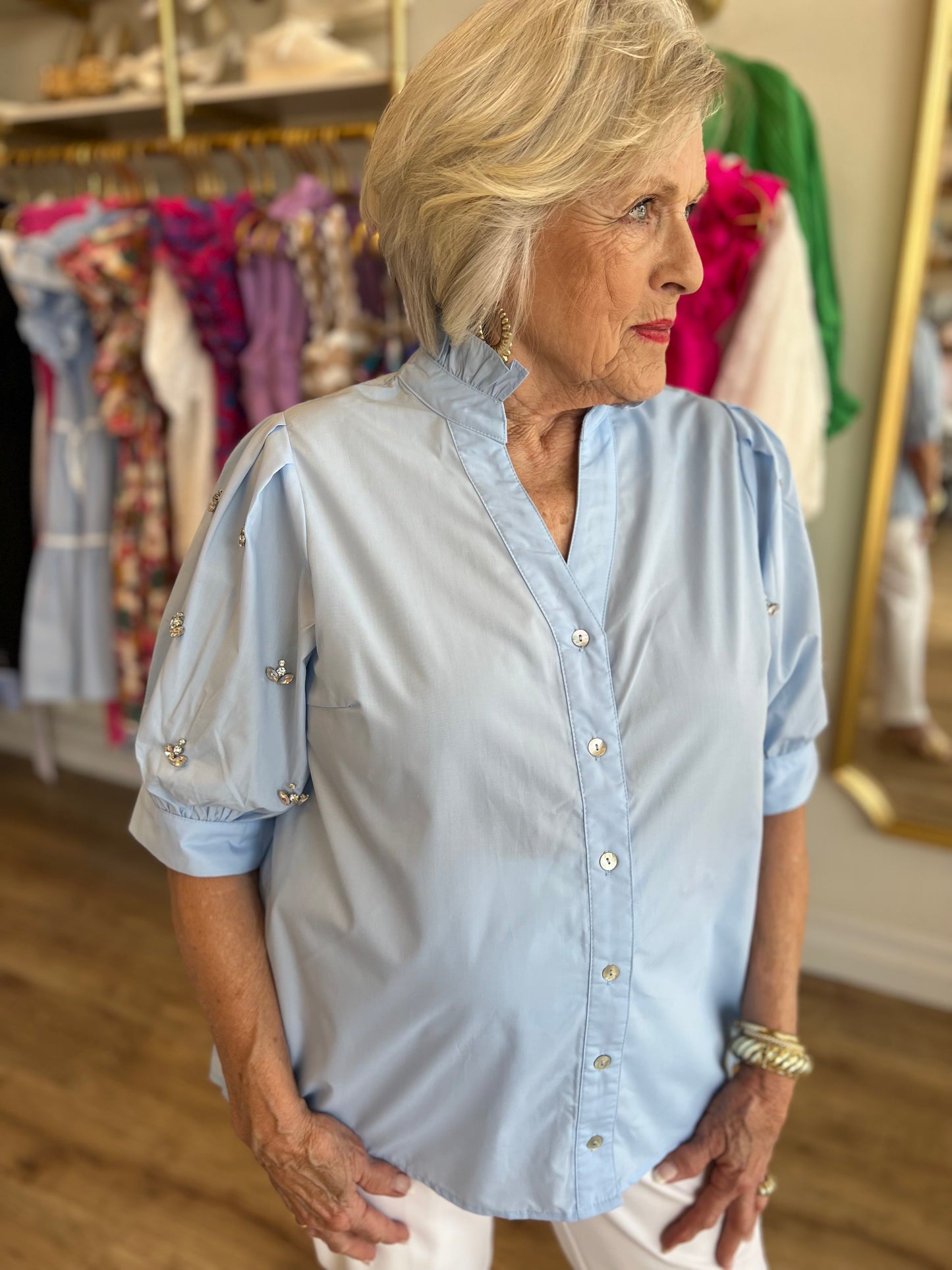 "Like a Diamond" Light Blue Jewel Sleeve Blouse