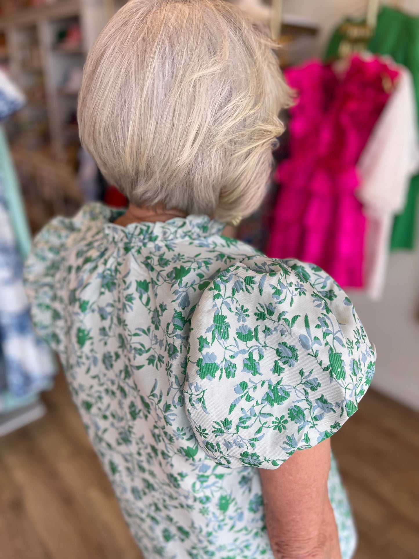 "Where the Wildflowers Grow" Floral Jacquard Puff Sleeve Blouse