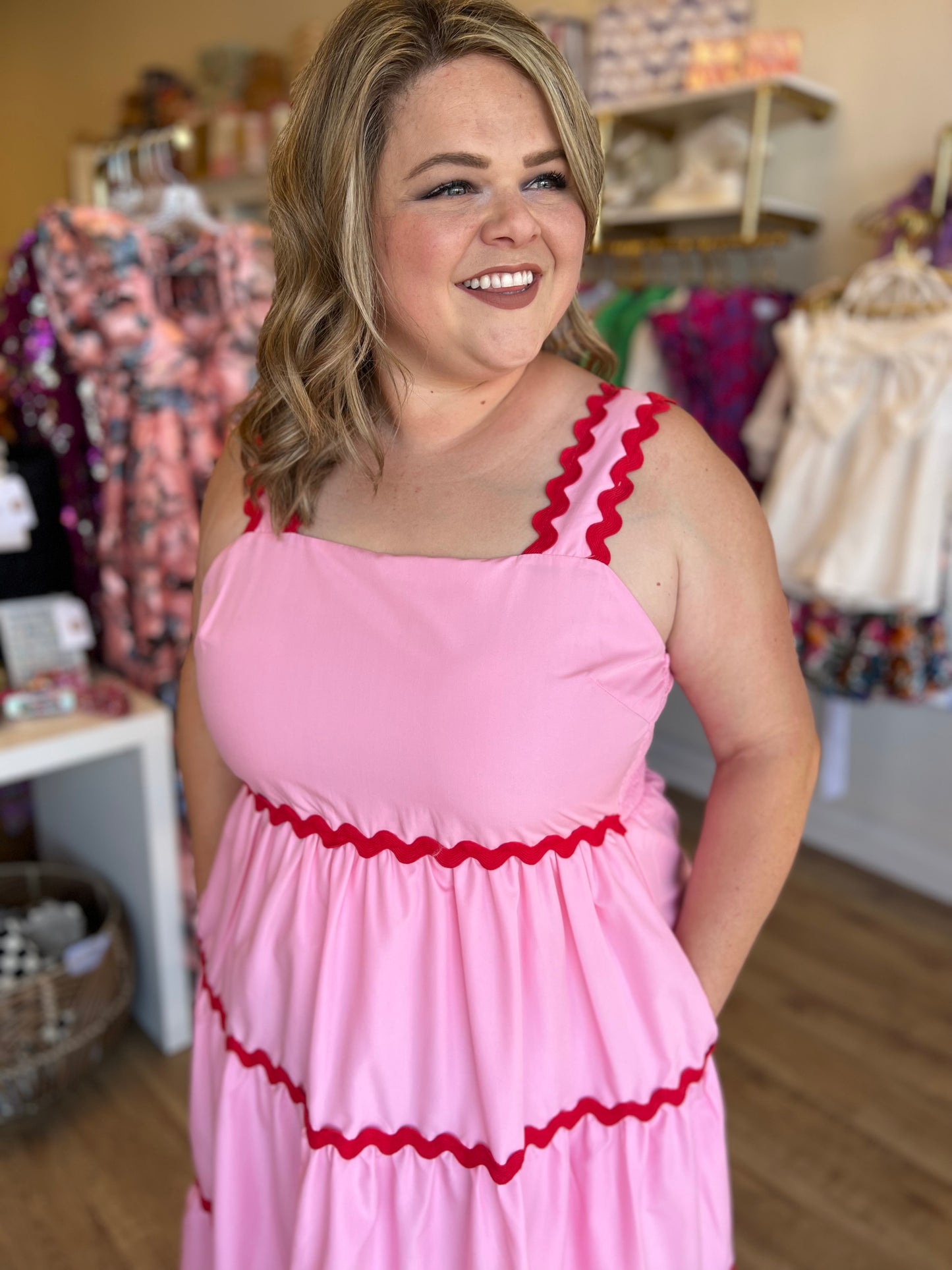 "Cherry On Top" Curvy Pink & Red Ric Rac Midi Dress