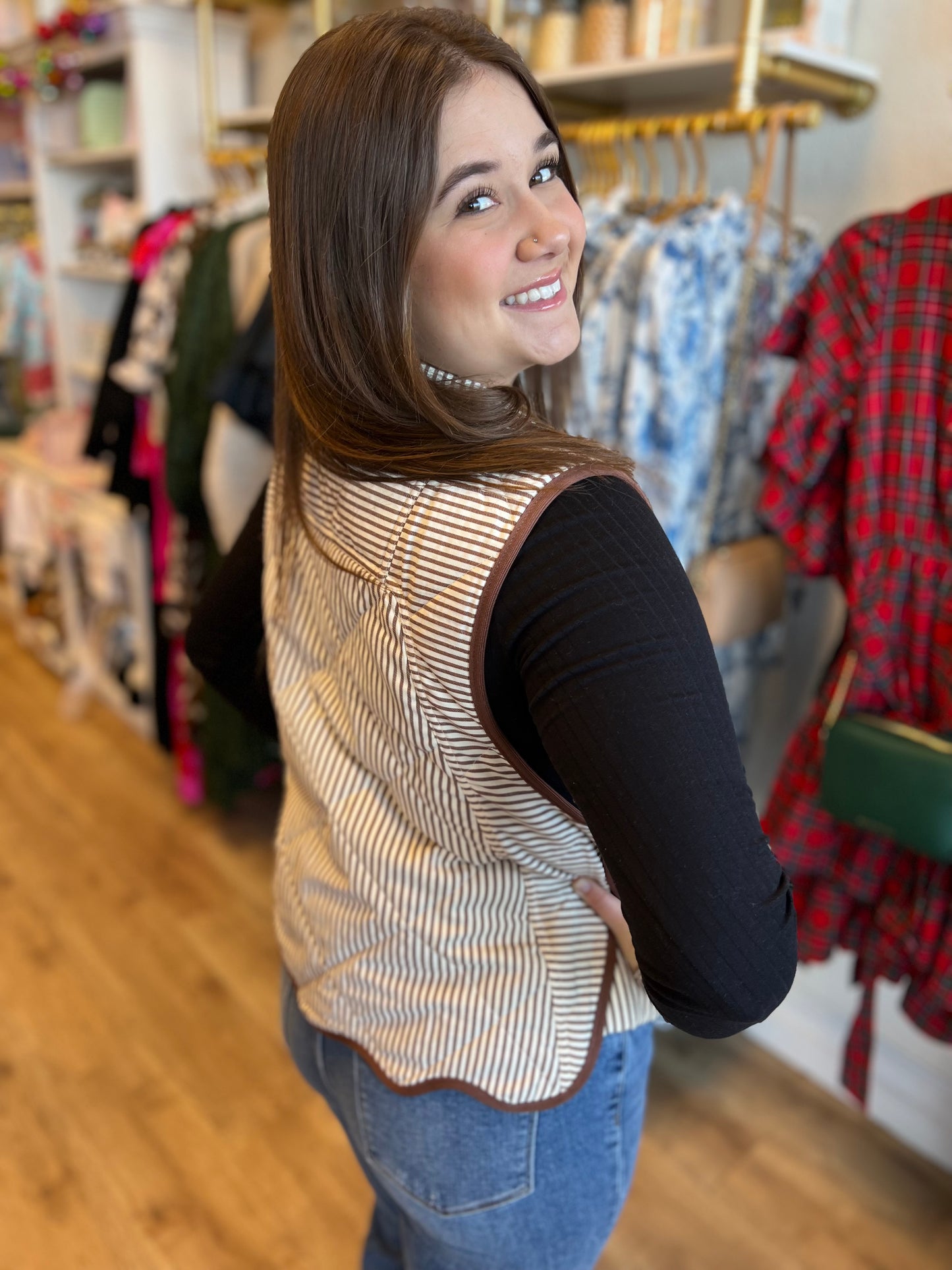 “Snow Bunny” Brown Stripe Scallop Vest