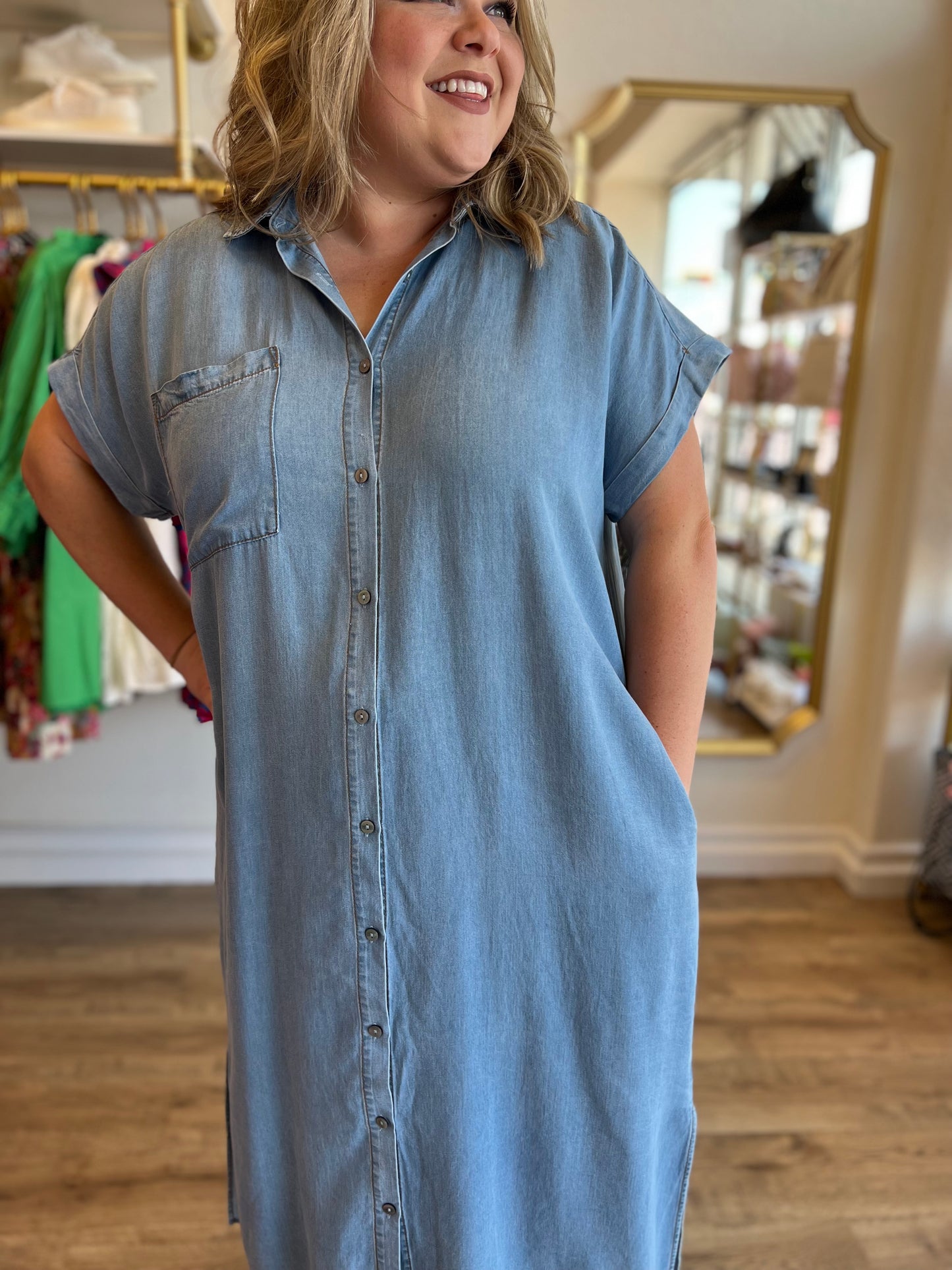 "Dog Days of Summer" Curvy Denim Button Up Dress