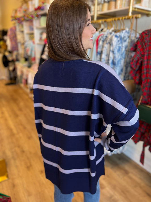 “Snuggle Me” Periwinkle Two-Tone Stripe Sweater