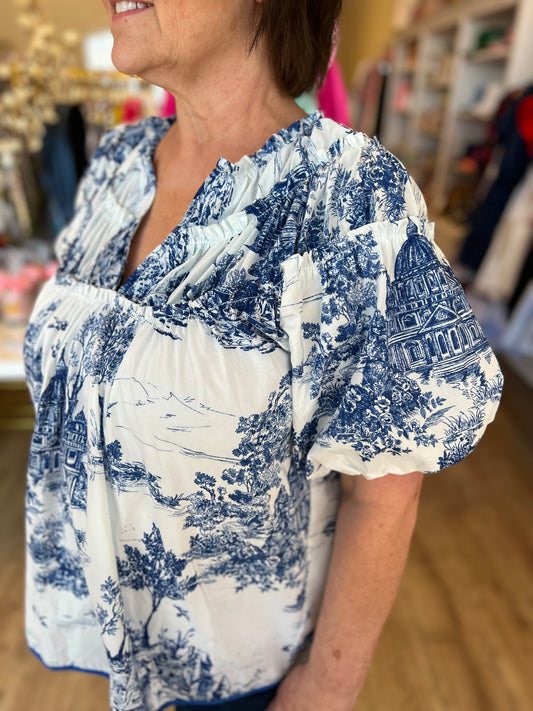 "Days of Yore" Curvy Blue Toile Top