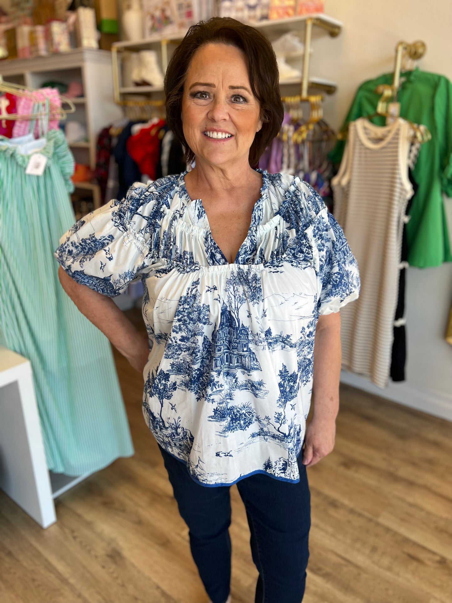 "Days of Yore" Curvy Blue Toile Top