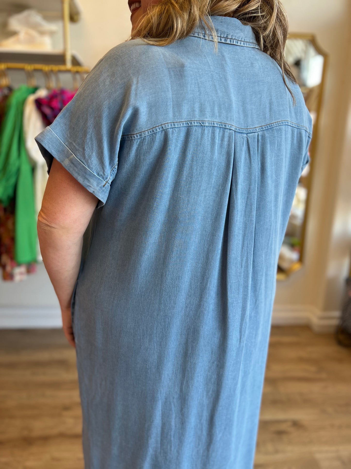 "Dog Days of Summer" Curvy Denim Button Up Dress