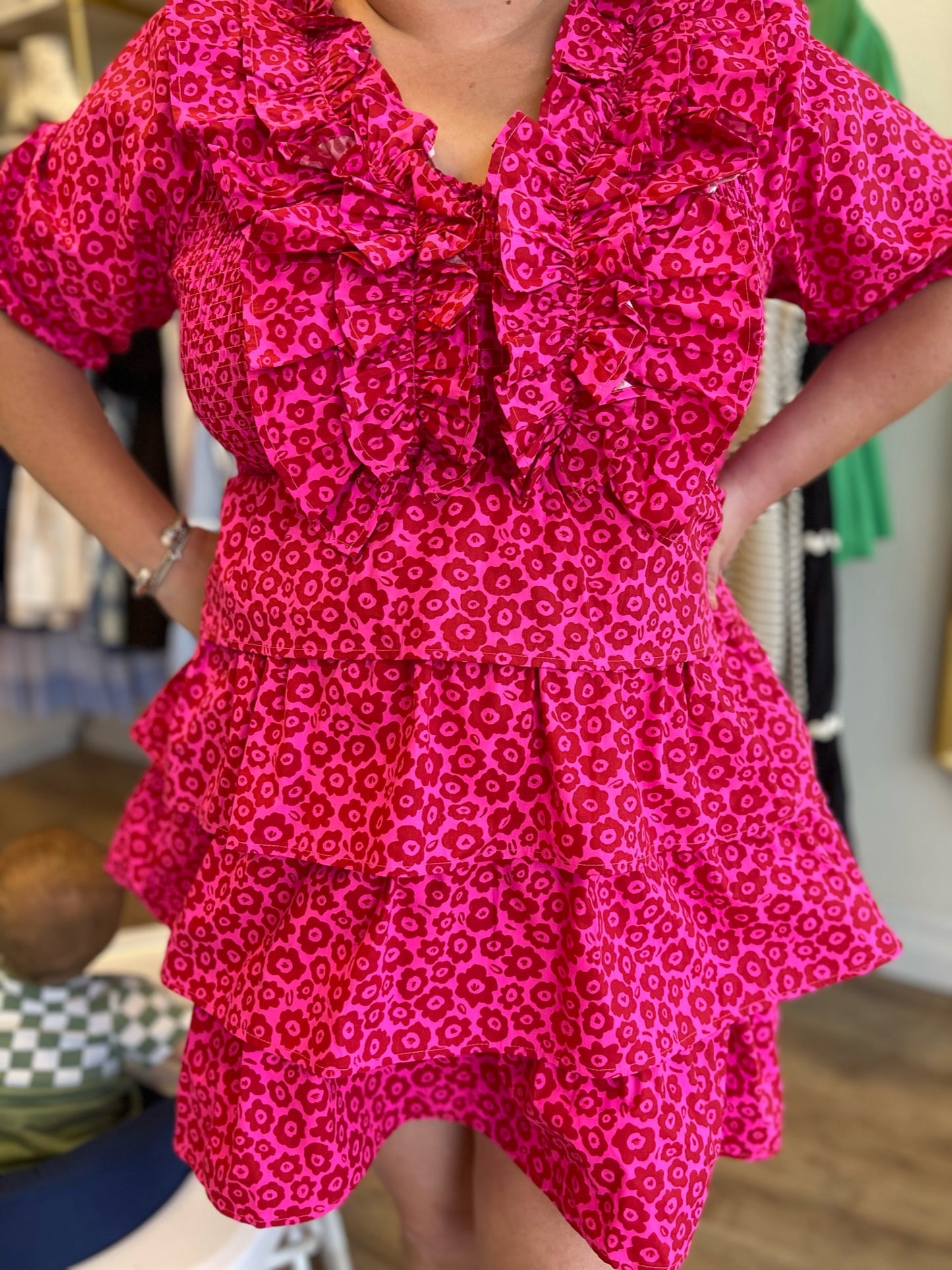 "Dainty Daffodils" Red & Pink Smocked Ruffle Dress