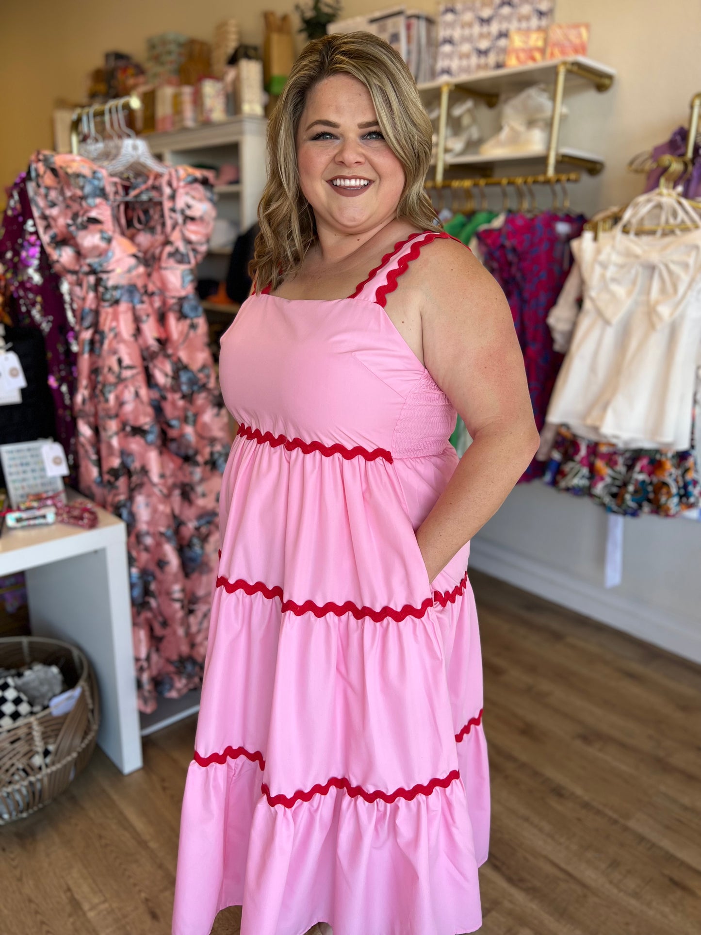 "Cherry On Top" Curvy Pink & Red Ric Rac Midi Dress