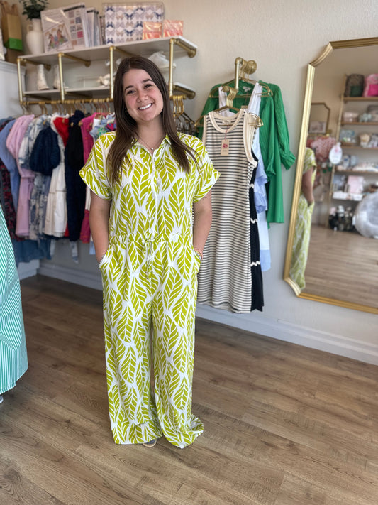 "Kokomo" Lime Leaf Print Jumpsuit