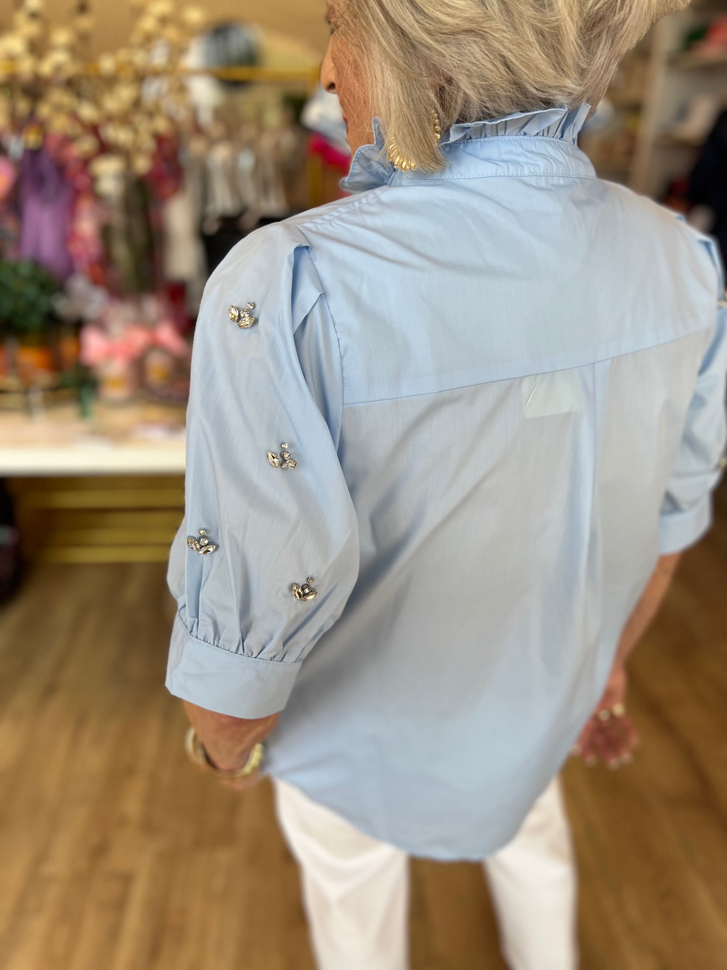 "Like a Diamond" Light Blue Jewel Sleeve Blouse