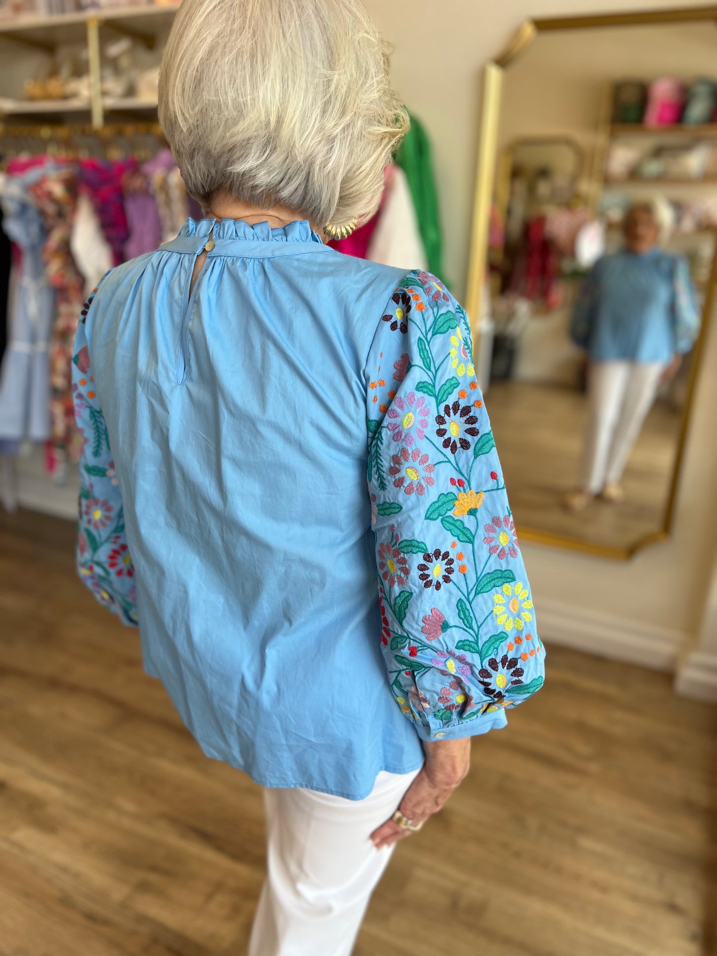 "Enchanting Embroidery" Powder Blue 3/4 Sleeve Blouse