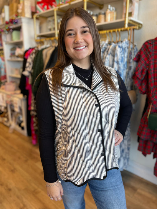 “Snow Bunny” Black Stripe Scallop Vest