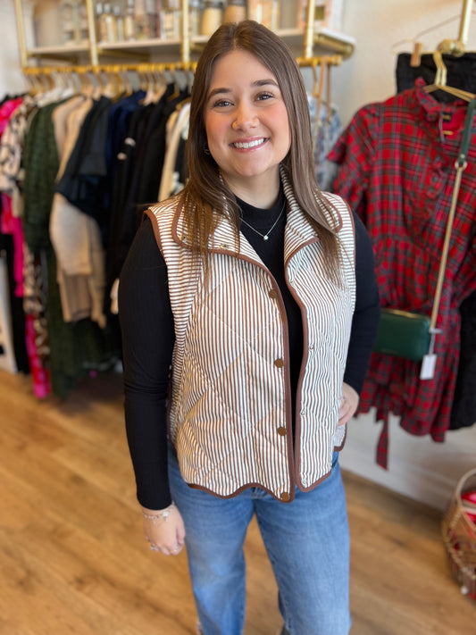 “Snow Bunny” Brown Stripe Scallop Vest