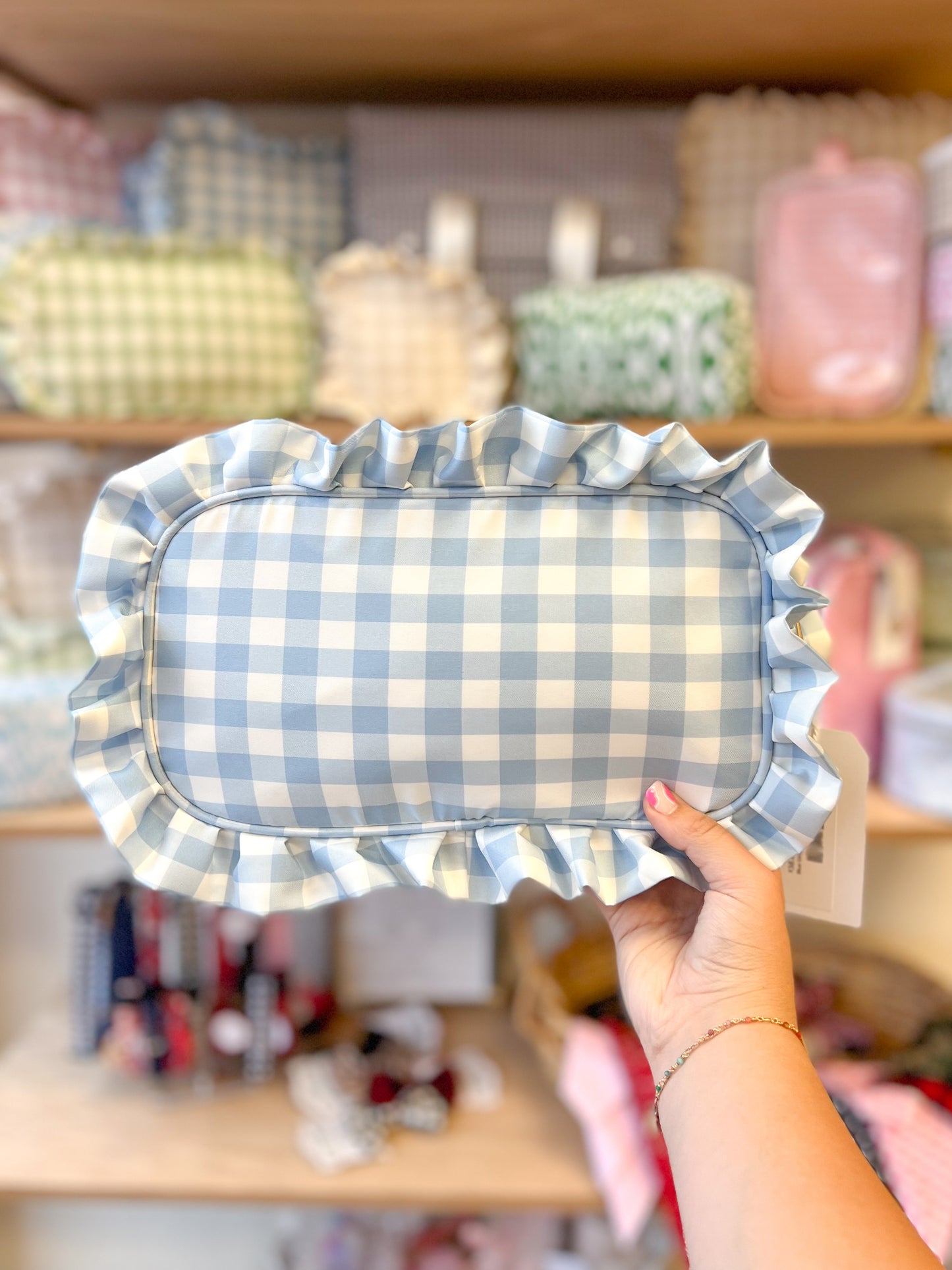 Blue Gingham Ruffle Tote