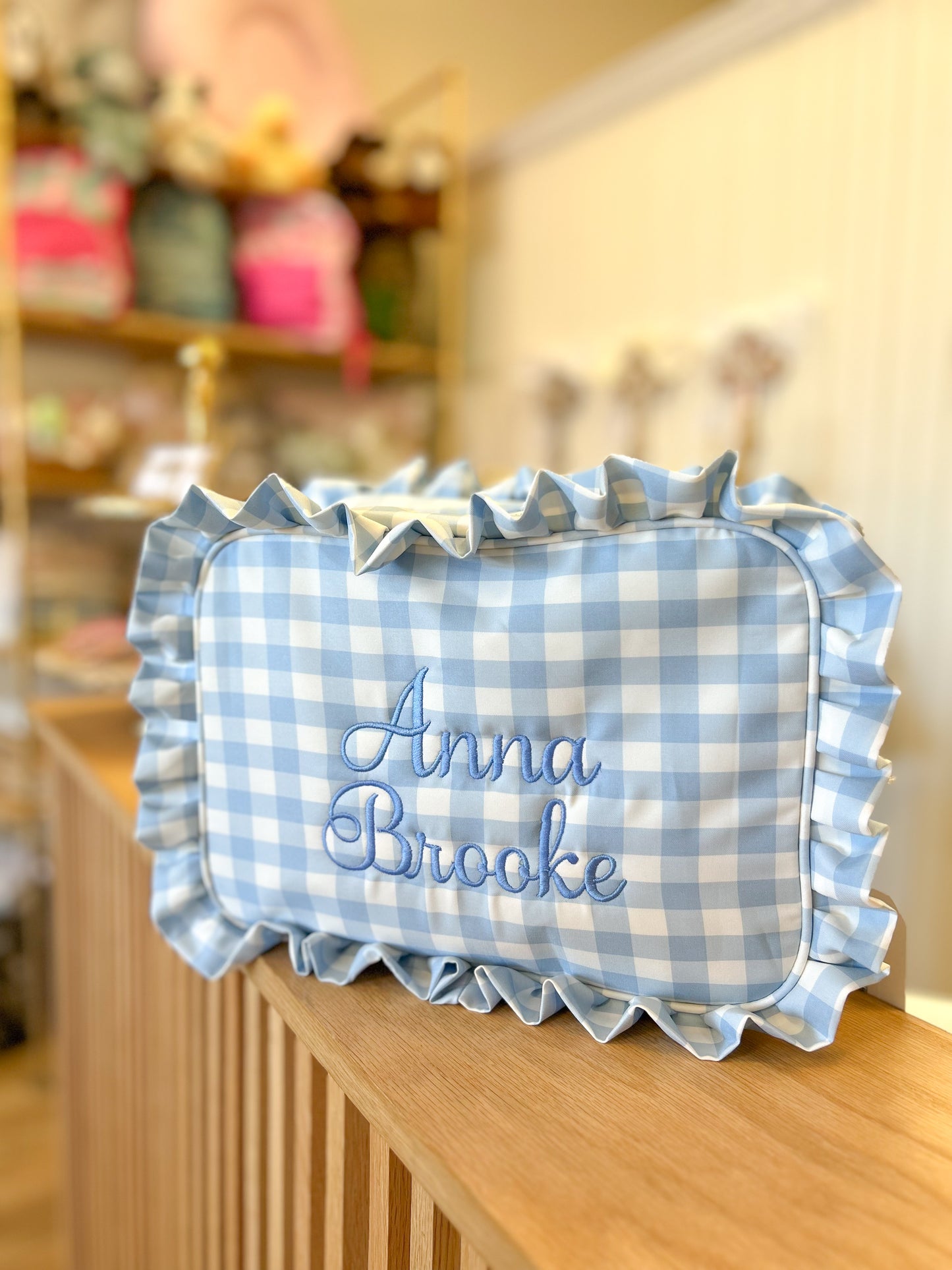 Blue Gingham Ruffle Tote