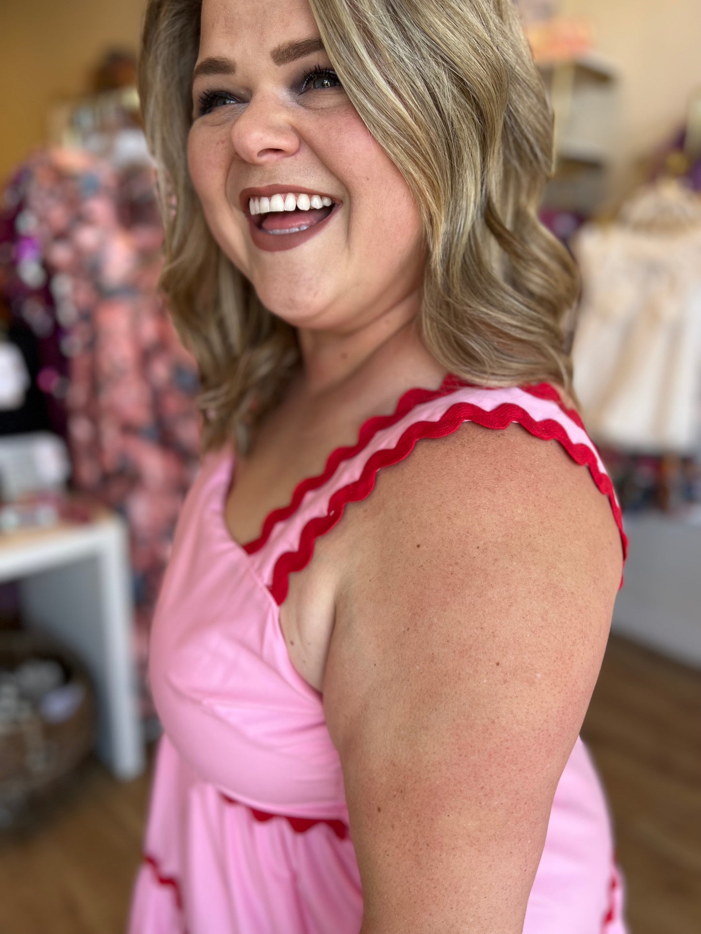 "Cherry On Top" Curvy Pink & Red Ric Rac Midi Dress